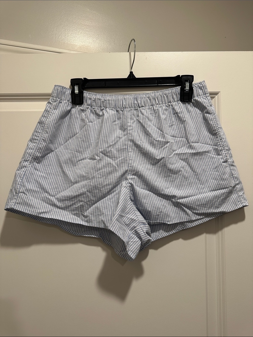 Hollister Light Blue and White Striped Women's Elastic-Waist Shorts